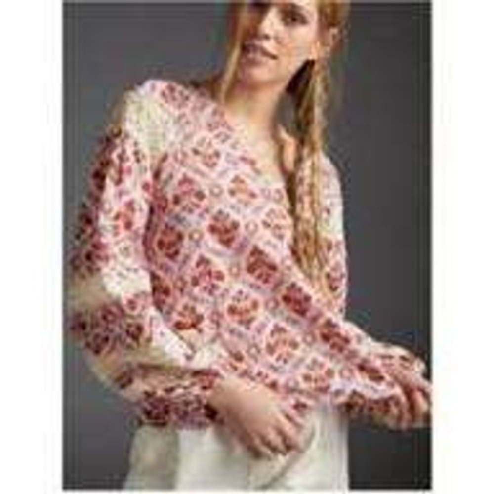 Eze Sur Mer Pink Floral Crochet Lace BalloonSleeve V-Neck Cotton Women Blouse S - Picture 2 of 10